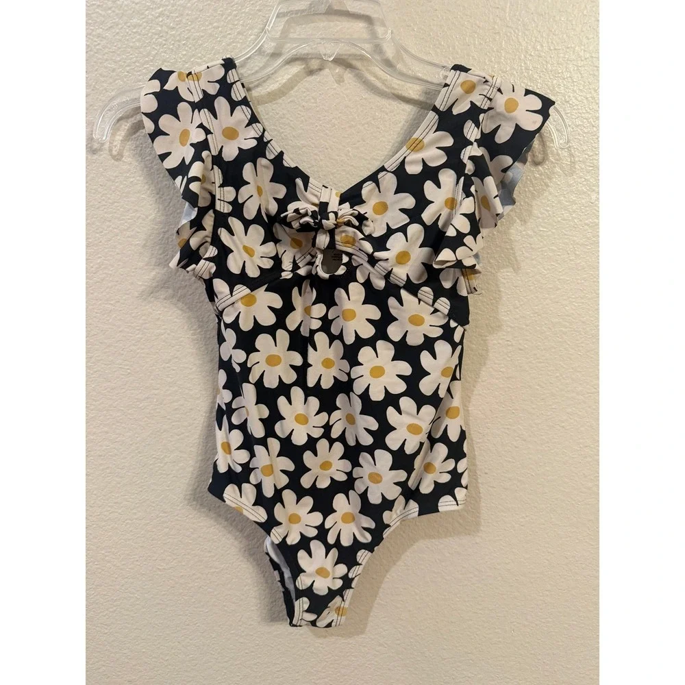 Jessica Simpson Girls Daisy Floral One Piece Swimsuit Black White Ruffle Size 10